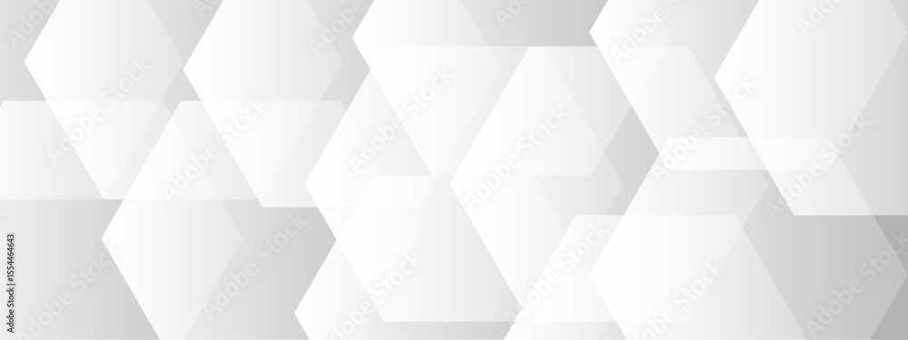 Poster abstract seamless background with overlapping translucent white hexagons on a light gray to white gr
