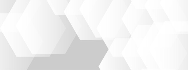 Abstract seamless background with overlapping translucent white hexagons on a light gray to white gradient backdrop.  Clean, minimal, and geometric Ideal for use in tech, corporate, or medical design