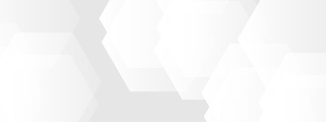 Abstract seamless background with overlapping translucent white hexagons on a light gray to white gradient backdrop.  Clean, minimal, and geometric Ideal for use in tech, corporate, or medical design