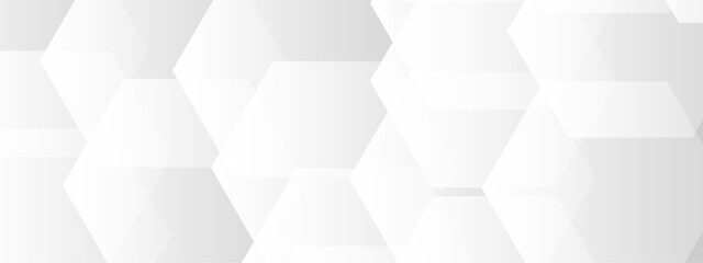 Abstract seamless background with overlapping translucent white hexagons on a light gray to white gradient backdrop.  Clean, minimal, and geometric Ideal for use in tech, corporate, or medical design