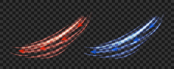 Vector illustration of hot and cold air flows with dynamic direction arrows. Abstract light effects for visualization of air conditioners, ventilation systems, HVAC presentations