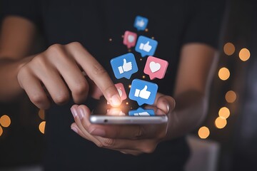 Person using phone with social media icons hands likes