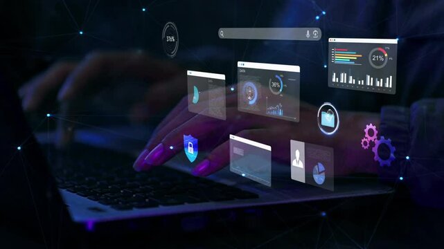 woman analyst uses a computer AI artificial intelligence and dashboard for data business analysis and Data Management System with KPI and metrics connected to the database for technology finance,seo