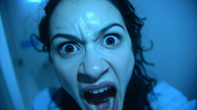 shocked woman in a horror scenery, fear and scream
