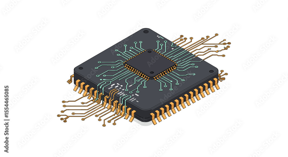 Poster microchip technology vector illustration for electronic circuit design in isometric style