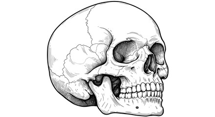 Detailed human skull vector illustration for poster or educational design in hand drawn style