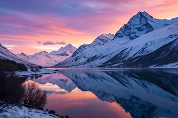 Snowy mountain range reflecting in calm lake at sunset with pink and purple sky mountains