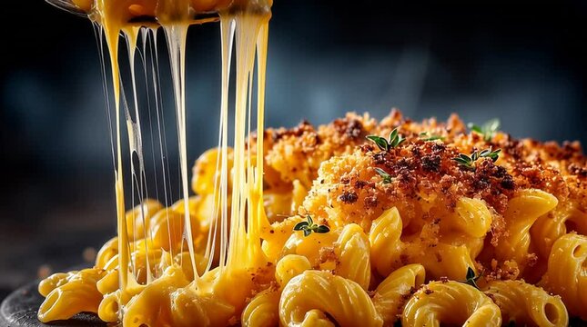 tasty mac and cheese on a fork with melted sauce, pasta