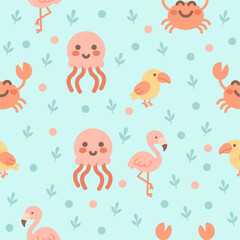 Tropical Sea Creatures Pattern with Octopus, Birds, Flamingos, and Crabs - Vector Seamless