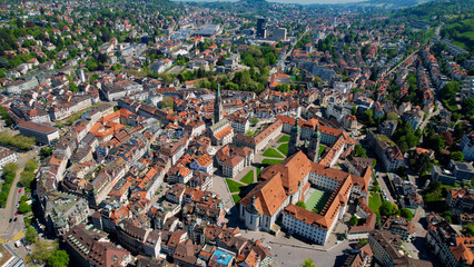 An Panorama aerial of the old town of the city and Monastery in St Gallen in Switzerland on a sunny day in summer   © Sabine