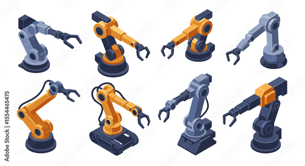 Poster robotic arms vector illustration for industrial design and automation in isometric style