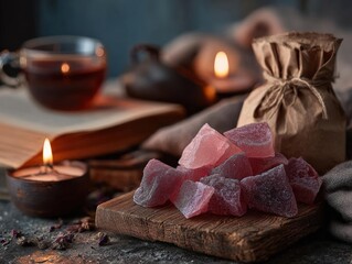 Show a calming setting with gummy packet, book, candle, tea
