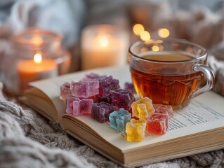 Show a calming setting with gummy packet, book, candle, tea