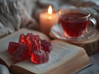 Show a calming setting with gummy packet, book, candle, tea