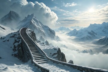 Stone Stairway Ascending Snowy Mountain Peaks Above a Sea of Clouds Under a Bright Sky