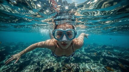 Young woman snorkeling underwater with diving mask in crystal clear tropical water