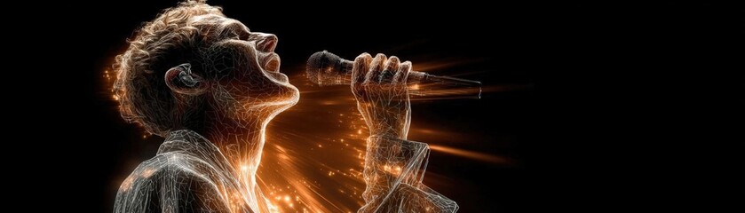 Singer, AI hologram peeling, dramatic lighting
