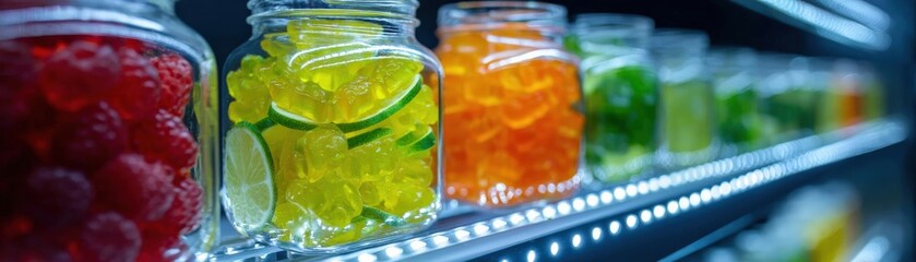 Showcase, CBG gummies, Illuminated shelf, Health store setting