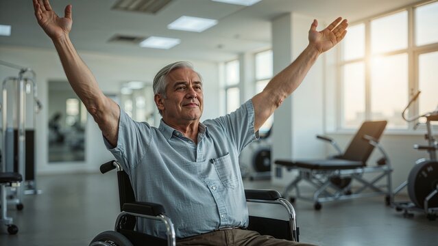 A senior man in a wheelchair with arms raised in a gym setting with exercise equipment and natural light