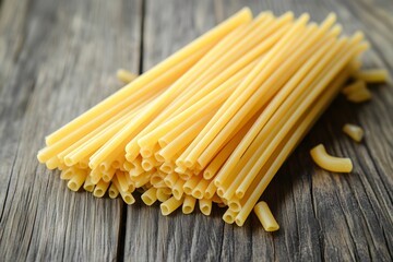 Delicious long bucatini pasta on rustic wood perfect for Italian cooking golden color close up view simple ingredients