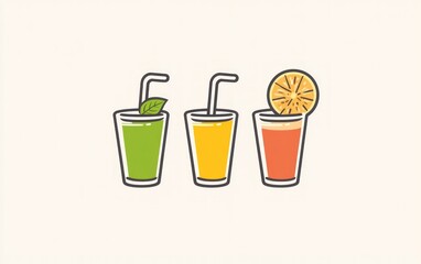 Trio of fruit juices in glasses with straws, minimalist