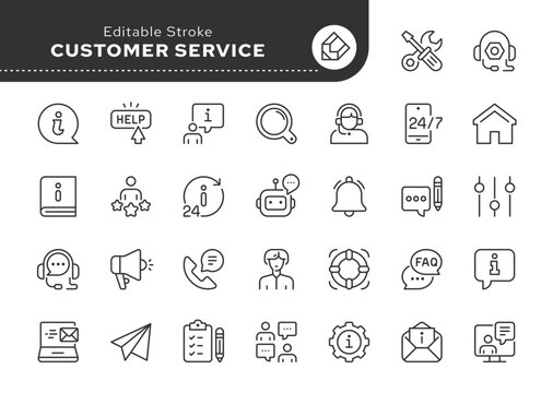 Customer service line icon set. Support, online help, assistance, 24 hrs, operator, question, info and more. Outline vector icon in linear style. Pictogram collection	