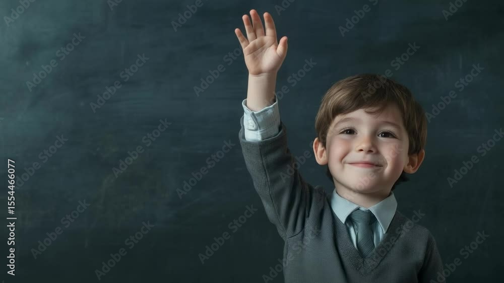 Poster smart young pupil eagerly raising hand in classroom, ready to answer teacher's question and actively