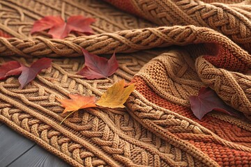 Textured brown cable knit fabric with autumn leaves warm cozy fall season background