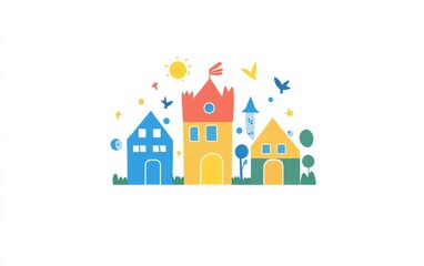 Colorful flat illustration of simple houses and sun
