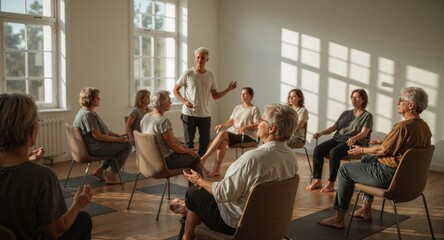 Group of senior adults sitting in chairs in a circle with a man standing and talking to them