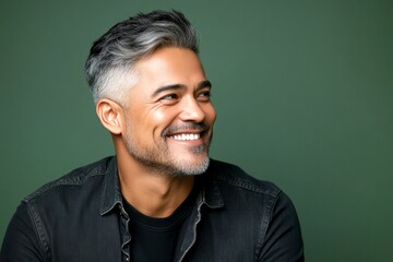 Obraz premium A warm and friendly man radiating happiness. A man with a natural glow and soft masculinity. A man with timeless elegance and a natural smile. A peaceful and radiant male in a confident pose.