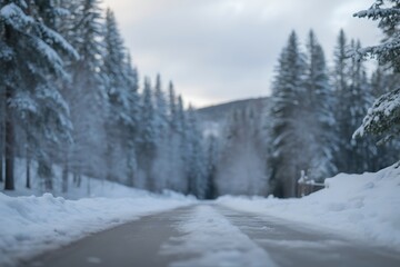 Naklejka premium Snowy forest road winter landscape trees