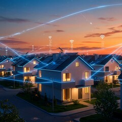 sunset on the roof, A futuristic smart home with glowing solar panels connected to a digital energy grid