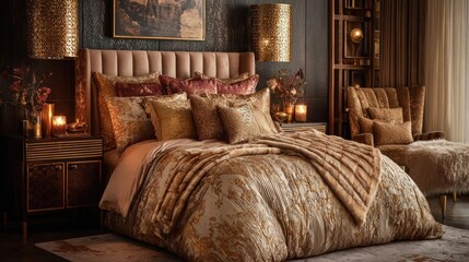 Sumptuous bed made up with luxe textures awaits you