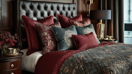 Sumptuous bed made up with luxe textures awaits you