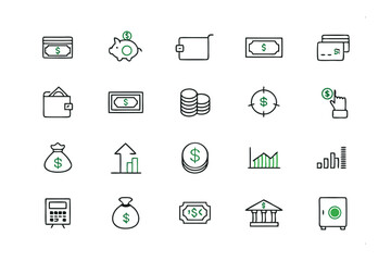 Financial Icons: A curated collection of financial icons representing various aspects of finance, designed with modern aesthetics. Each icon symbolizes an element of monetary value. 
