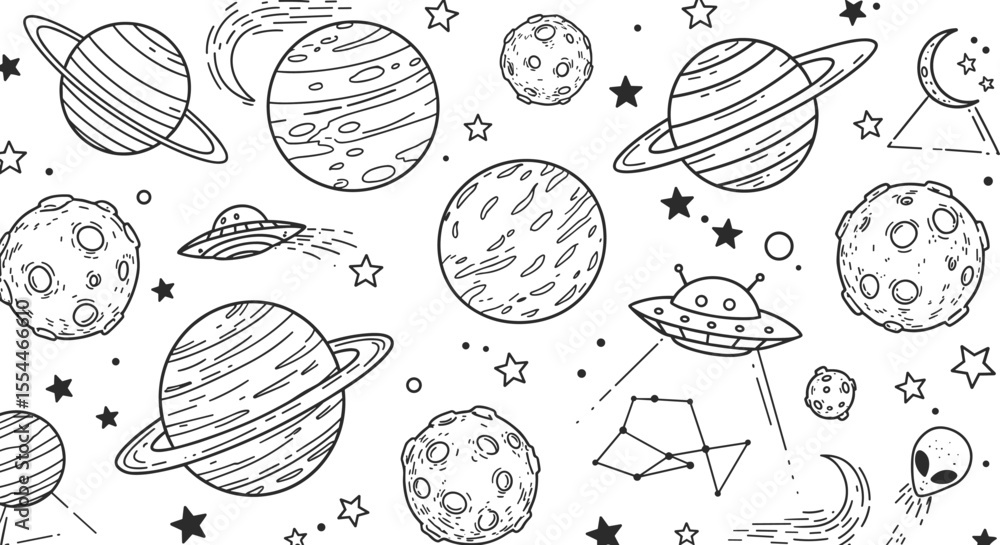 Poster space exploration vector illustration - seamless pattern with celestial bodies for print design in h