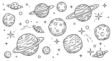 Outer space adventure: black and white vector illustration for kids - doodle planets and stars