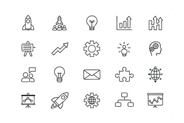 Business Icon Set: A collection of minimalist line art icons, perfectly representing various business concepts and ideas, ideal for corporate presentations, web design, and marketing materials. 