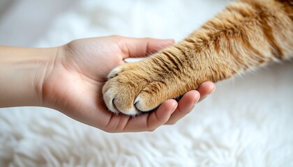 Ginger cat paw resting gently in a human hand, a tender moment of connection and affection.