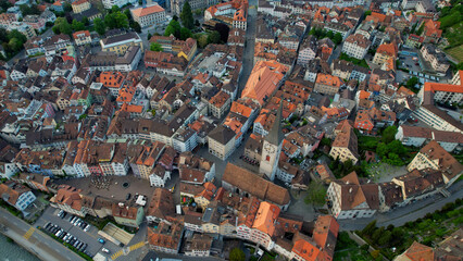 An aerial panoramic view around the old town capitol city Chur in Switzerland on a sunny spring...