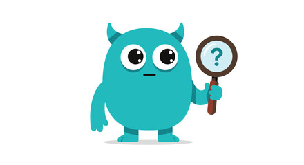 Curious monster holding magnifying glass vector illustration for children's book in flat style