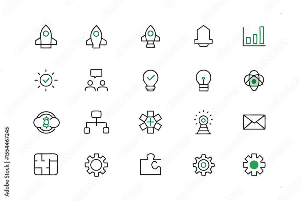 Poster business startup and innovation: a collection of stylized icons representing the building blocks of 