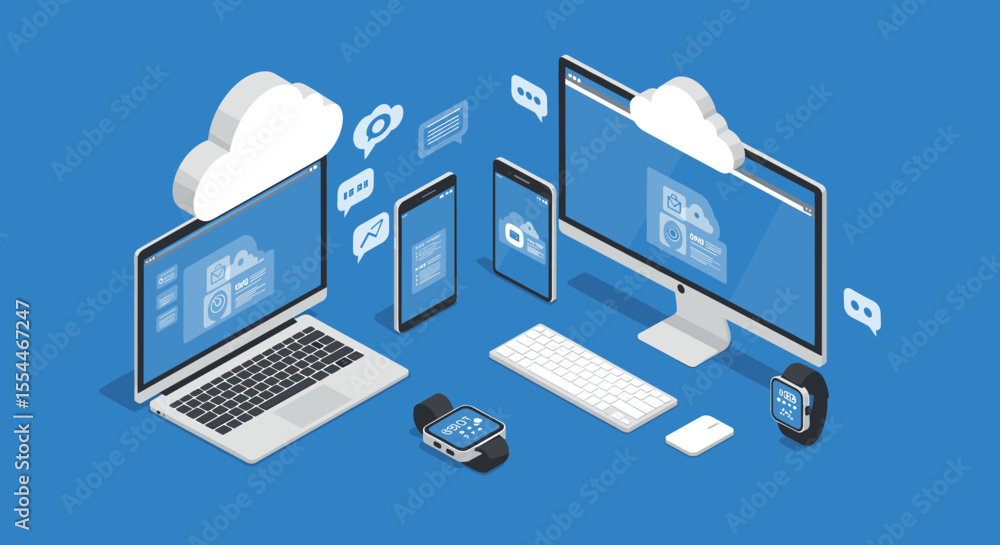 Poster cloud computing devices isometric vector illustration for technology design