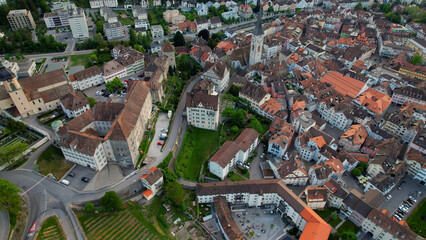 An aerial panoramic view around the old town capitol city Chur in Switzerland on a sunny spring...