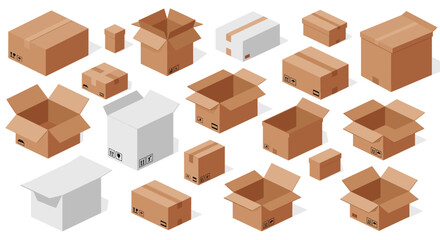 Fototapeta premium Various cardboard boxes vector illustration for packing and shipping design in isometric style