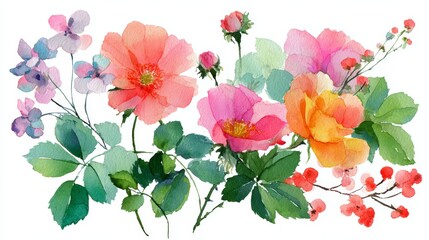 Delicate watercolor floral bouquet with English country garden foliage on white background for wedding invitations