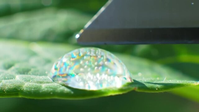 Macro view of a vibrant water droplet perched on a textured green leaf, inches from a hovering blade&mdash;capturing fragile tension, light refraction, and nature's precision.