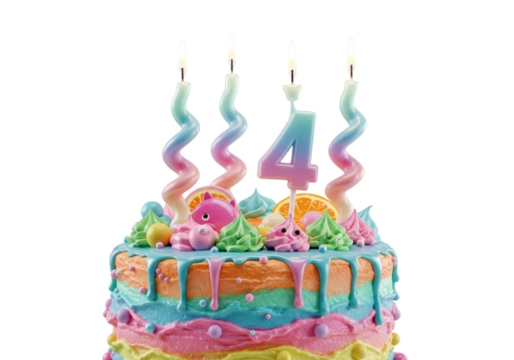 Isolated Colorful Birthday Cake with Candles and Number Four