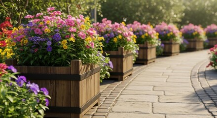 Vibrant Flower Arrangements in Wooden Planters Along a Stone Pathway